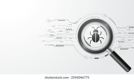 Concept of cyber security. Magnifying glass focus malware on the circuit board. Cyber attack and data hack. Dangers of internet theft, Modern futuristic design background. Vector illustration.