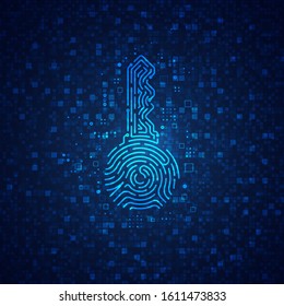 concept of cyber security or private key in cryptocurrency technology, shape of key combined with fingerprint and electronic pattern