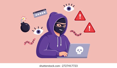 Conceito de segurança cibernética, mostrando um hacker cercado por sinais de aviso, bombas e ícones de spyware, representando ameaças on-line e roubo de dados.