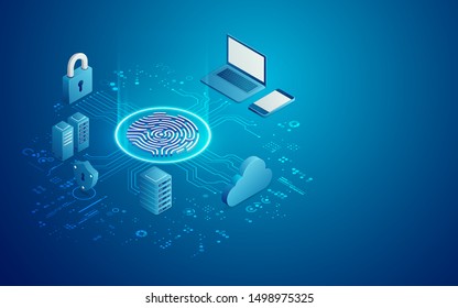 Concept Of Cyber Security Technology, Futuristic Fingerprint With Data System In Isometric