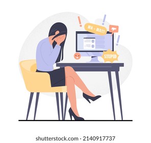 Concept of cyberbullying. Girl sits, covering head with hands in front of monitor. Character afraid of criticism in social networks, depression. Sad and upset woman. Cartoon flat vector illustration