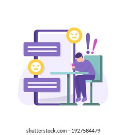 a concept of cyberbullying, victim doxing. illustration of a man who is depressed because he is hated, bullied, and berated on social media, cyberspace, or the internet. flat style. vector design