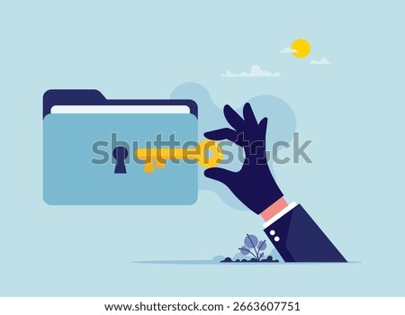 Concept of cybercrime or stealing of private data concept, theft steal private data, hand with key open huge folder with personal information