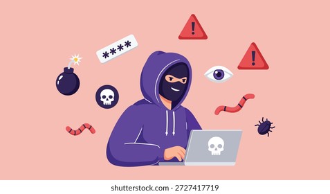 Concepto de ciberseguridad, fraude en Internet y robo de datos con un hacker de dibujos animados e iconos de amenazas como virus, gusanos y malware.