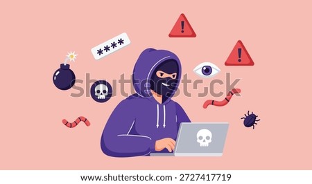 Concept of cybersecurity, internet fraud, and data theft with a cartoon hacker and threat icons like viruses, worms, and malware.