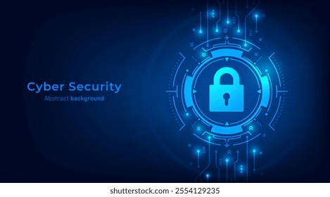 Concept of cybersecurity and network protection. Padlock on frames HUD futuristic style on a dark blue background. Secure technology. Vector illustration.