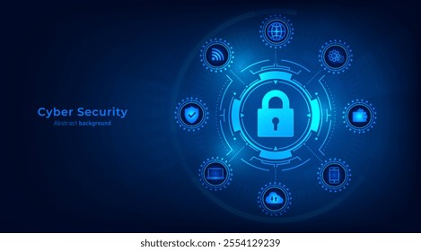 Concept of cybersecurity and network protection. Padlock with data icon on frames HUD futuristic style on a dark blue background. Secure technology. Vector illustration.