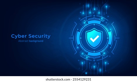 Concept of cybersecurity and network protection. Shield with Check mark icon on frames HUD futuristic style on a dark blue background. Secure technology. Vector illustration.