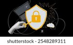 Concept of cybersecurity and personal data protection. Shield with digital lock. Trendy pop art collage search concept. Halftone hands. Modern retro textured vector illustration