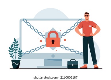 Concept of cybersecurity and personal data protection. Person guards information in computer. Man standing at monitor with lock and chains on screen. Secure network. Cartoon flat vector illustration.