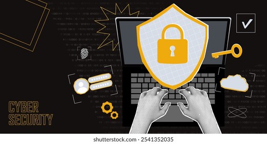 Concept of cybersecurity and personal data protection. Shield with digital lock. Trendy pop art collage search concept. Laptop computer and Halftone hands. Modern retro textured vector illustration