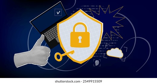 Concept of cybersecurity and personal data protection. Shield with digital lock. Trendy pop art collage search concept. Halftone hands Like hand showing. Modern retro textured vector illustration