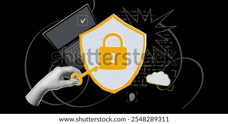 Concept of cybersecurity and personal data protection. Shield with digital lock. Trendy pop art collage search concept. Halftone hands. Modern retro textured vector illustration