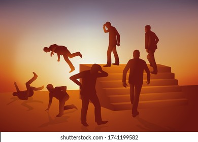 Concept of the cycle and and the perpetual movement with a man who goes in circles. He falls after climbing the steps of a staircase before trying again.