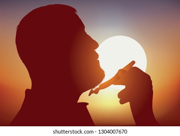 Concept Of Daily Gesture With A Man In Profile Who Shaves With A Mechanical Razor, At Sunrise.