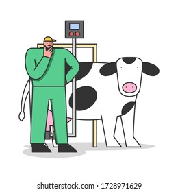 Concept Of Dairy Production. Man Milk Factory Worker In Uniform Controls Process Of Milking Cows And Quality Of Production On Milk Plant Or Factory. Cartoon Linear Outline Flat Vector Illustration