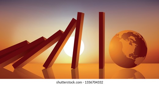 Concept of the danger of climate change for environment and life on earth, with a chain reaction symbolically causing the fall of dominoes on the globe to make it disappear.