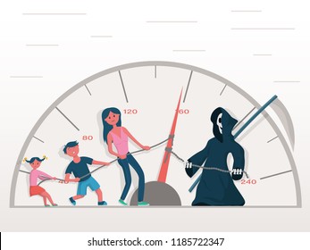 The concept of the danger of exceeding the speed behind the wheel of a car. The family is fighting for the life of the driver with death, lowering the speed of the ride. Vector illustration.