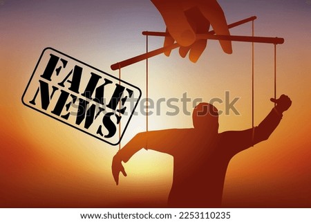 Concept of the danger of false information on social networks with the symbol of a manipulated man who turns into a puppet.