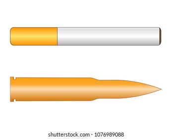 Concept of danger to life in the form of bullets and cigarettes on a white background