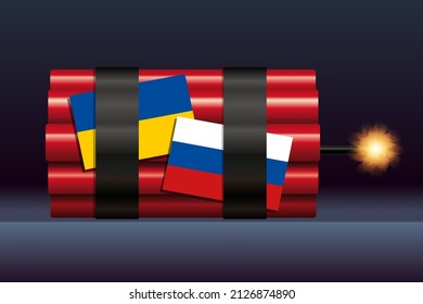 Concept of the danger of the outbreak of a war between Russia and Ukraine, with the symbol of the two flags combined with sticks of dynamite.