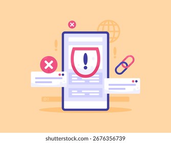 Un concepto de un Sitio web peligroso y sospechoso. los anuncios emergentes son molestos y peligrosos. ilustración de teléfono inteligente con advertencia y spam pop-up. Estilo de diseño plano. Fondo anaranjado.
