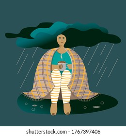 El concepto de clima húmedo y húmedo, cuando quieres envolverte en una tibia yerba y beber una bebida caliente. una chica con pelo en forma de nubes de las que llueve. ilustración plana vectorial