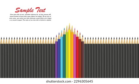 Concept of daring and new ideas with a row of black pencils from which colors emerge to mark their difference.