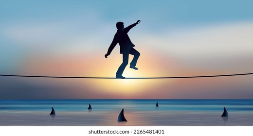 Concept of daring and risk taking in the business world, with a tightrope walker crossing an obstacle balanced on a rope.