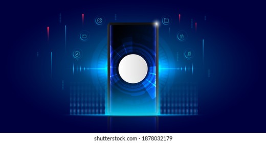 Concepción de fondo de tecnología azul oscuro con smartphone, icono de aplicación y elemento futurista.