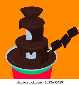 concept dark chocolate fountain vector or liquid melting brown Fondue flat design cartoon isolated with marshmallow on stick dipped in creative cocoa. drink fresh sweets for birthday illustration art