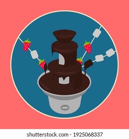concept dark chocolate fountain vector or liquid melting brown Fondue flat design cartoon isolated with marshmallow or strawberry on stick dipped in creative cocoa. drink fresh sweets illustration art