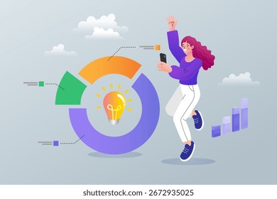 Um conceito de análise de dados e business intelligence, com uma empresária feliz celebrando um relatório de sucesso, mostrando um gráfico de crescimento infográfico e uma ideia criativa para uma nova estratégia de marketing.