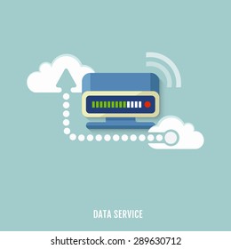 Concept of data analysis and hosting service. Flat design. Vector Illustration.