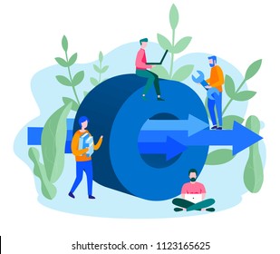 Concept Data analysis processing, data center server room for web page, banner, presentation, social media. Vector illustration big data computing, information flow, digital science lab, distribution 