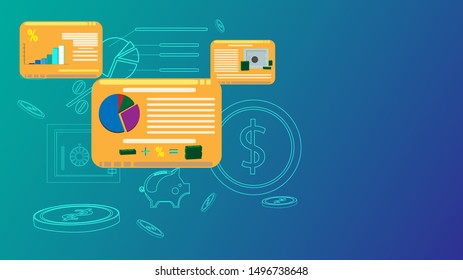 Concept of data analysis with symbols. Financial development, project. Can be used for web banners, infographics, slide images. Flat isometric shape. Vector illustration of isolated colored background