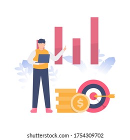 the concept of data analysis, targets, financial management and strategy. illustration of a man standing and using a laptop for presentations. flat design. can be used for elements, landing pages, UI.