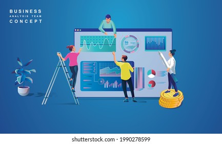 Concept Of Data Analysis For Website And Mobile Website. Data Analytics For Company Marketing Solutions Or Financial Performance. Budget Accounting Or Statistics Concept. Flat Design Illustration