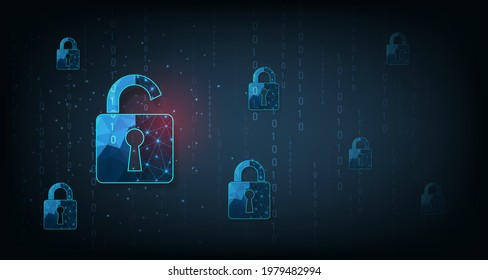 Concept of data attacks security.Visualization of cyber attacks With Padlock  destroyed on dark blue background.Cyber attack and Information leak concept.Vector illustration.