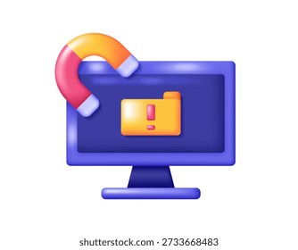 Concept of data breach or information theft. 3D style illustration of a computer monitor with a magnet and a folder with an exclamation mark. Warning of data breach danger on a computer. Device hijacking and data retrieval. Symbol, icon, element, sign. White background