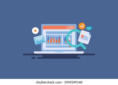 Concept of data driven marketing, website traffic, SEO analytics, Email, social media analysis - conceptual vector illustration with icons on isolated background