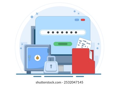 Concept of data encryption vault with password, encryption of personal data on internet resources. technology to protect privacy data. flat vector illustration on background.