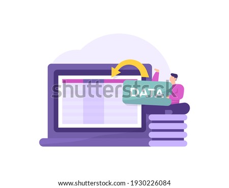 a concept of data entry, data input, database management. a male staff Enter data or information into the company database server using a laptop. flat style. vector illustration design