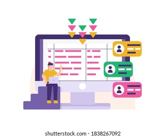 concept of data entry staff, server admin, data manager. illustration of a man sitting and entering user account data or identity into a computer database. storage technology. flat style design