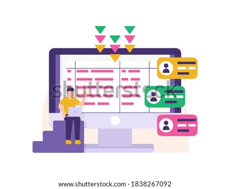 concept of data entry staff, server admin, data manager. illustration of a man sitting and entering user account data or identity into a computer database. storage technology. flat style design