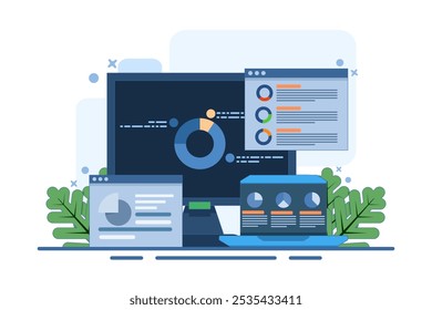 Konzept der Daten und Informationen auf Dashboard angezeigt, SEO Marketing Analytics Vektorgrafik, Marketing-Analyse, Marktforschung, Business-Analyse. flache Vektorgrafik auf Hintergrund.