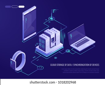 Concept Of Data Network Management .Vector Isometric Map With Business Networking Servers, Computers And Devices.Cloud Storage Data And Synchronization Of Devices.3d Isometric Style