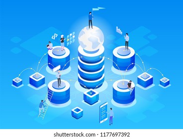 Concept of data network management .Vector isometric map with business networking servers, computers and devices.