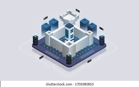 Concept of data network management .Vector isometric map with business networking servers. Data protection.