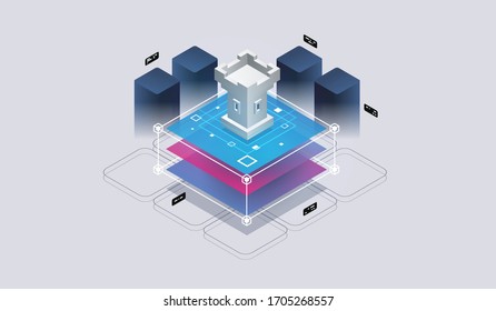 Concept of data network management .Vector isometric map with business networking servers. Data protection.